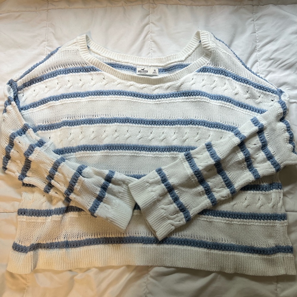 Hollister Blue and White Crew Neck Sweater with Nautical Stripes